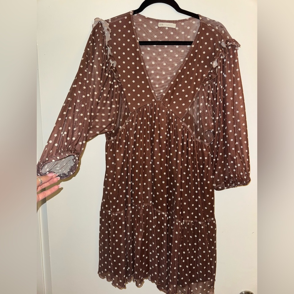 Stradivarius Brown Polka Dot Midi Dress